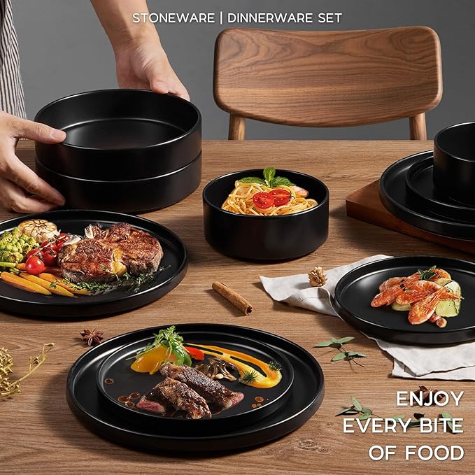 Stoneware Dinnerware Set for 2 with Pasta Bowl, Onader 8 Piece Plates and Bowls Dish Dinner Set, Microwave & Dishwasher Safe - Ebony Black
