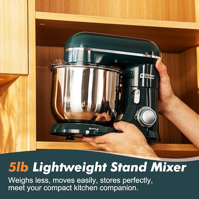 Kitchen in the Box Stand Mixer, 3.5 QT Small Kitchen Electric Stand Mixers, 10-Speed Portable Lightweight Dough Mixer for Daily Use with Egg Whisk, Dough Hook, Beater (Dark Green)