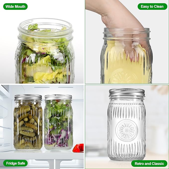 4 Pack 32 oz Wide Mouth Mason Jars with Airtight Lids - Glass Canning Jars for Food Preservation, Storage, Pickling, Crafts & DIY Projects, Durable Quart Glass Jars Dishwasher Safe