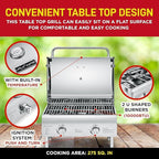 Portable Stainless Steel Gas Grill - 2 Burners Easy Clean Tabletop BBQ Propane Gas Grill with Foldable Legs and Wind Proof Lid for Camping and Outdoor - Silver