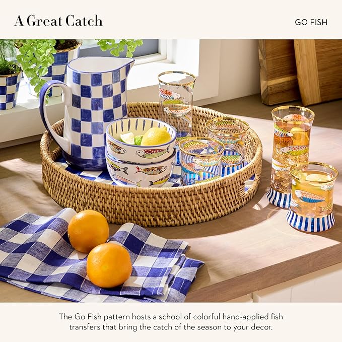 MACKENZIE-CHILDS Tumbler Glasses, Elegant Drinkware, Glasses with Gold Rim, 8 Ounces, Set of 2, Go Fish