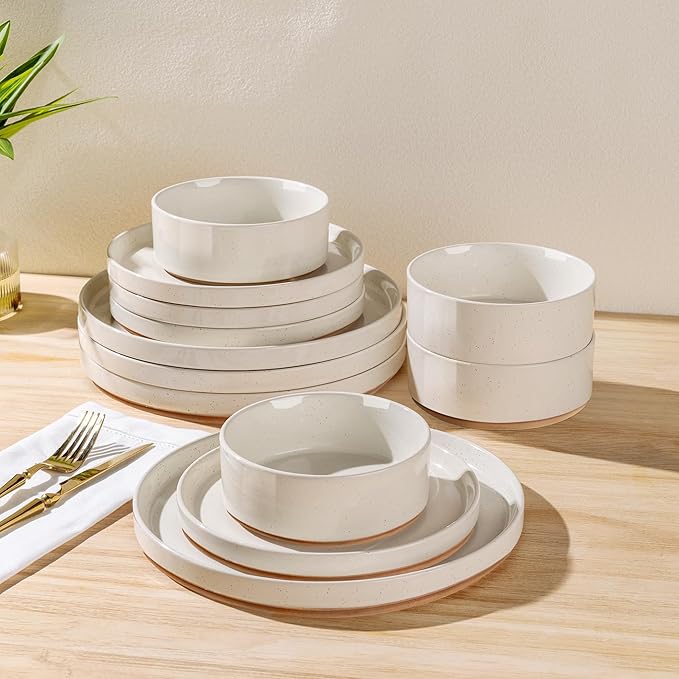 AmorArc Ceramic Dinnerware Set for 8 | Speckled Stoneware Plates and Bowls with Rustic Terracotta Underside| Scratch Resistant,Dishwasher & Microwave Safe Dishes Sets- 24pcs Beige