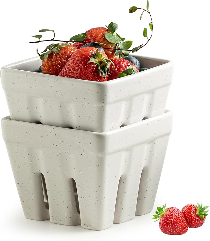Gomakren Ceramic Berry Basket Set of 2, Square Fruit Bowls with Holes, Rustic Fruit Basket Containers for Kitchen, Berries, Strawberry, Grape, Cherry - Cream White