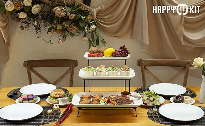 Happy Kit 3 Tier Serving Tray with Serving Tong, Ceramic Rectangular Serving Platters for Cupcake Stand Display, 16/14/12inch Tiered Serving Tray with Collapsible Sturdy Metal Rack for Dessert Server
