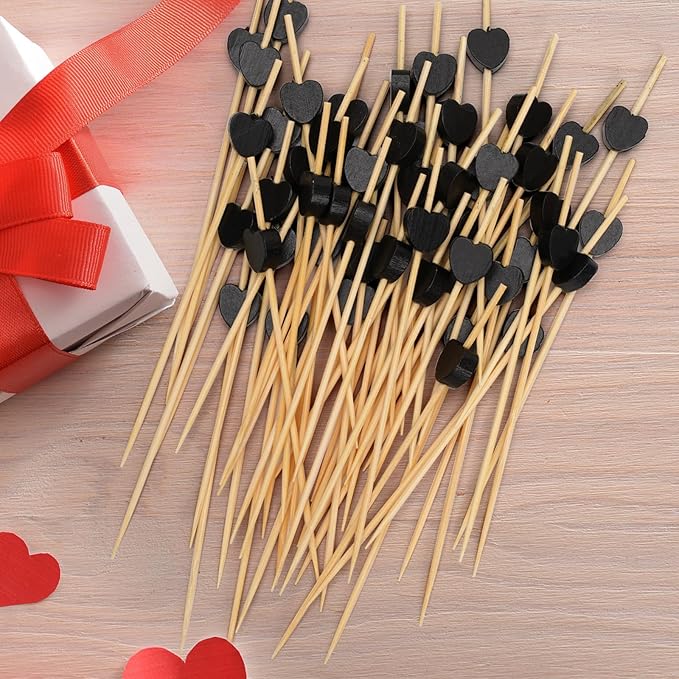 Minisland Black Love Heart Cocktail Picks, 4.7 Inch Long Bamboo Fancy Toothpicks for Appetizers, Decorative Halloween Holiday Party Food Drink Garnish Fruit Kabobs Skewer Sticks 100 Counts -MSL444