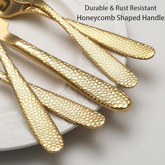 Gold Hammered Silverware Set, 40 Piece Stainless Steel Heavy Duty Flatware Set for 8, Food-Grade Tableware Cutlery Set for Home Restaurant, Mirror Polished, Dishwasher Safe