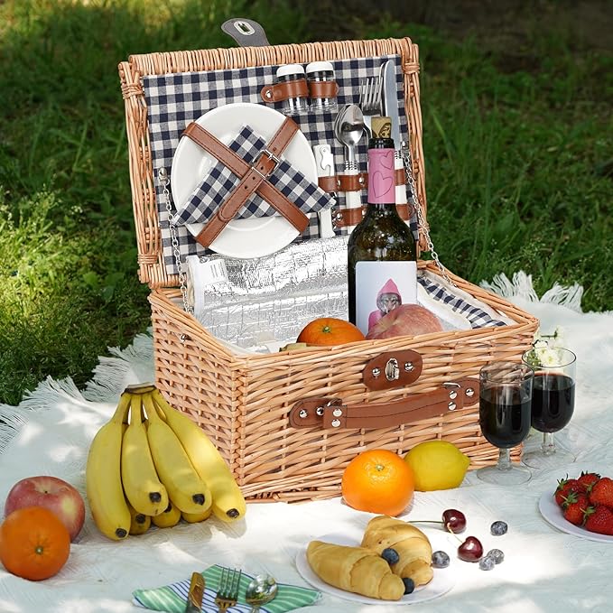ZORMY Wicker Picnic Basket for 2 Person, Willow Hamper Basket Sets with Insulated Compartment, Handmade 2 Person Picnic Basket for Camping - BlueCheck