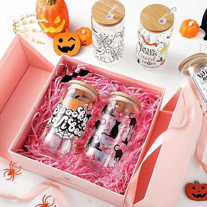 6 Pcs Halloween Drinking Glasses 16 oz Hearts Glass Cup with Bamboo Lid and Glass Straw Can Shaped Beer Glass Reusable Love Smoothie Cup for Women Teenager Valentine Party Birthday Gift