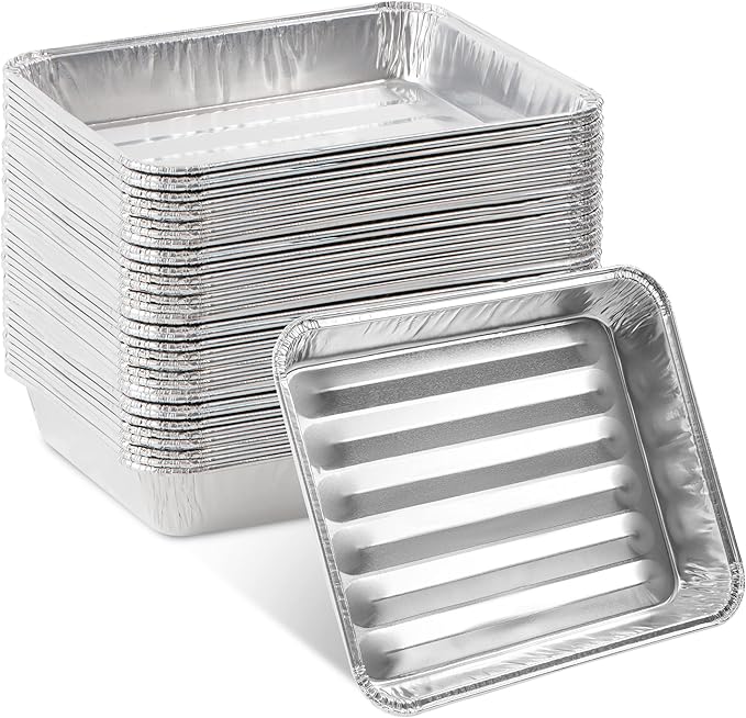 PLASTICPRO 50 Pack Disposable Aluminum Grill Liners Toppers Aluminum Foil Broiler Pans Durable Ribbed Grill Drip Pans 8.5x7
