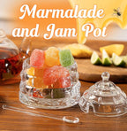 Elegant Glass "Crystal" Honey Jar with 2 Glass + 1 Wooden Dipper & 1 Clear Spoon | Beehive Design | 10 oz Container | Perfect for Sugar, Marmalade & Jam | Durable & Stylish Multipurpose Pot with Lid