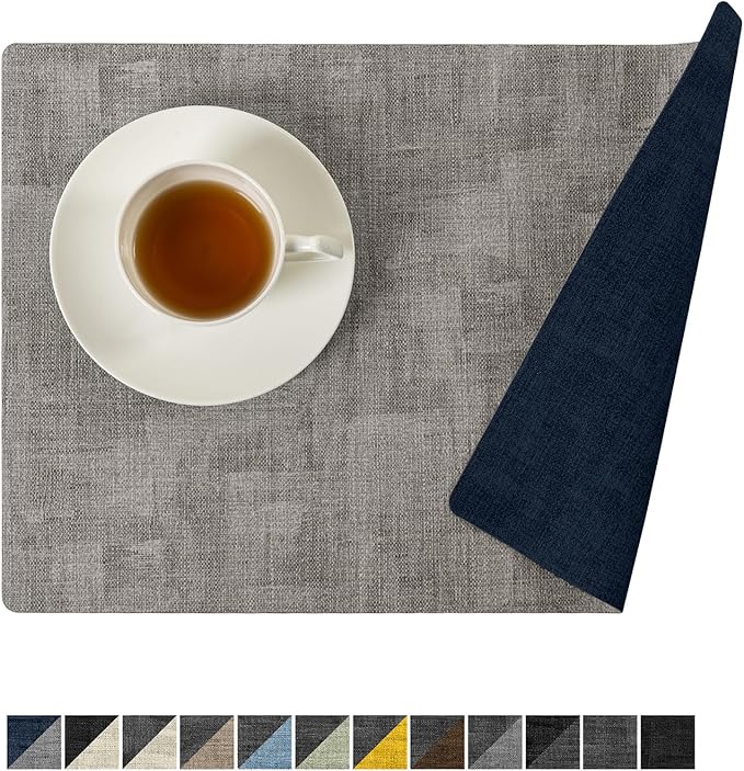 Romanstile Reversible Vinyl Placemats Set of 6, Faux Leather 100% Waterproof Oil-proof Wipeable Place Mats, Heat Resistant Dual Sided Table Mats for Kitchen/Dining/Party (Grey Nave Blue, 12 x 17 Inch)