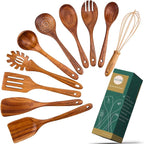 AIUHI 10 Pack Wooden Spoons for Cooking, Teak Wood Kitchen Utensils Set for Non Stick Use, Spatula Set for Stirring, Baking, Non Stick Wooden Utensils for Kitchen