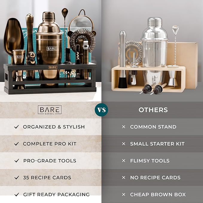 BARE BARREL® Mixology Bartender Kit Bar Set | 16-Piece Cocktail Shaker Set | Martini Barware Mixing Tools for Home Bartending | Incl. 35 Recipe Cards | Gift Set (24oz Cobbler Shaker, Brass/Black)