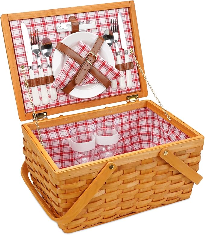 Picnic Basket Set for 2 Persons, Woven Woodchip Basket with Folding Handles & Lid, Red and White Gingham Lining Basket Set with Utensils Cutlery - Perfect for Picnic, Camping, Valentine Day, Outdoor