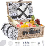 Picnic Basket Set for 4 with Waterproof Blanket Mat Insulation Bag Wicker Classic White Black Polka Dots Elegant Gift for Wedding Birthday Summer Camp Outdoor Camping Beach Travel Christmas