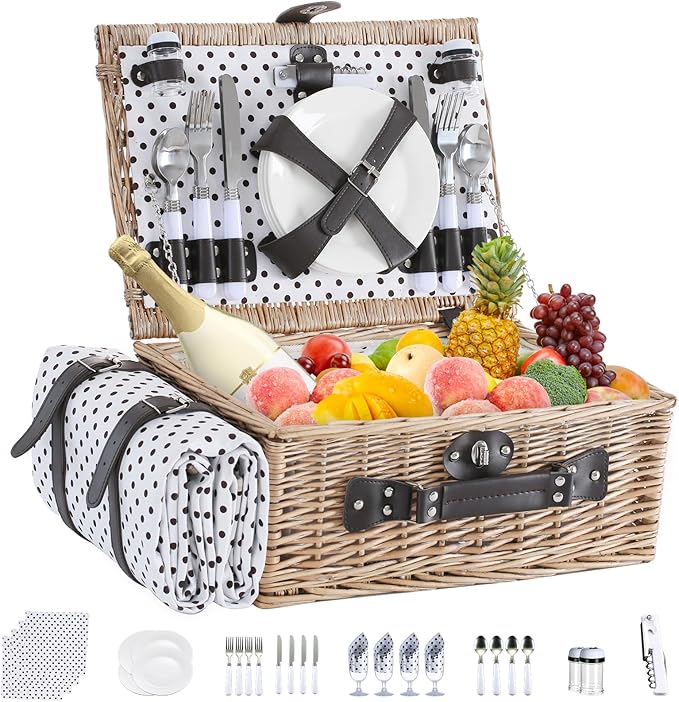 Picnic Basket Set for 4 with Waterproof Blanket Mat Insulation Bag Wicker Classic White Black Polka Dots Elegant Gift for Wedding Birthday Summer Camp Outdoor Camping Beach Travel Christmas