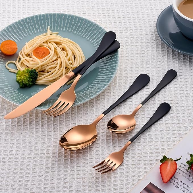 20 Piece Rose Gold and Black 18/0 Flatware Utensil Set for 4, Include Dinner Knife,Dinner Forks,Dinner Spoons,Salad Forks,Teaspoons,Silverware Set for 4, Dishwasher Safe