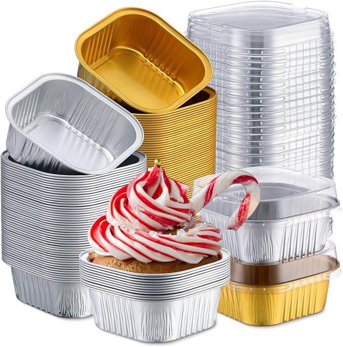 Aoriher 150 Pieces 10 oz Mini Cake Pans with Lids Aluminum Foil Baking Cups Square Disposable 4 x 4 Large Cupcake Cups Baking Tins for Kitchen Brownie Pudding Desserts Holders(All Golden,All Silver)
