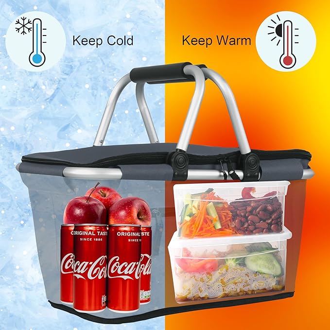 SIYUAN Collapsible Picnic Basket Insulated with Lid 27L Large Capacity Reusable Portable Folding Market Shoping Bag with Handles for Grocery