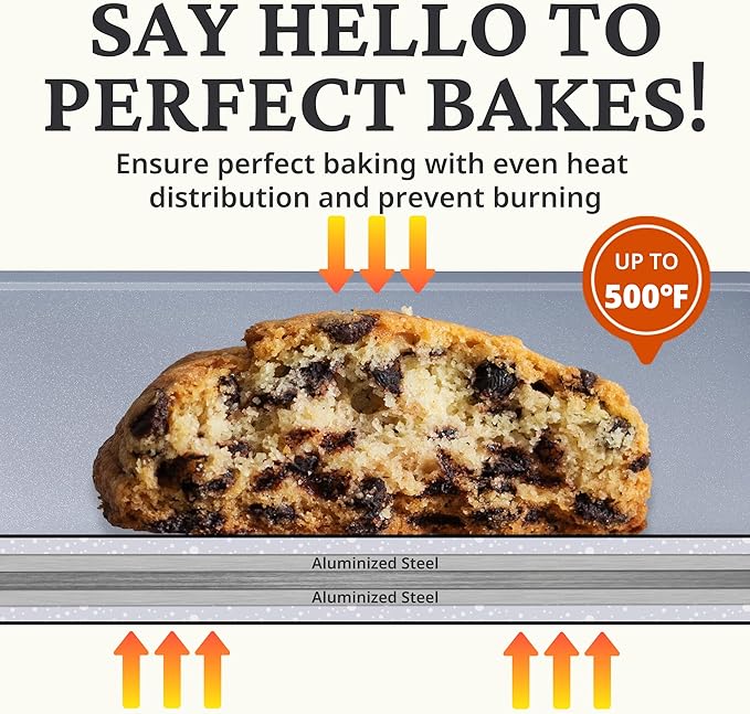 BRONYPRO Non Stick Ceramic Baking Sheet Pan Set of 3, Natural Non Toxic Cookie Sheets for Baking - PFOA, PTFE Free, Heavy Duty Aluminized Steel Oven Trays for Cooking with Silicone Handles, Navy