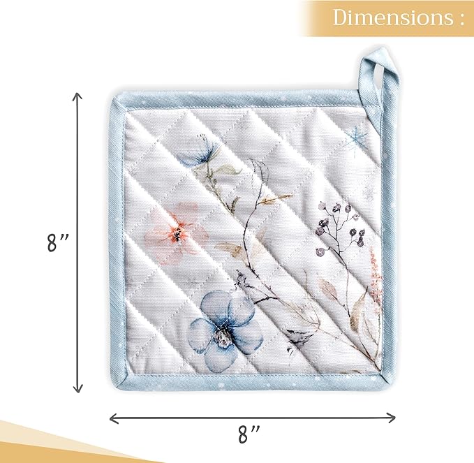 Maison d' Hermine Pot Holders Set 100% Cotton Heat Resistant Potholders 8" x 8" Hot Pads with Loop BBQ, Cooking, Baking, Grilling, Kitchen, Handling Hot Pans (Pack of 2, Ice Florals)