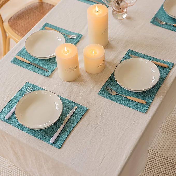 Home Brilliant Linen Placemats Set of 6 Heat Resistant Dining Table Place Mats for Kitchen Table, 13 x 19 inches, Peacock