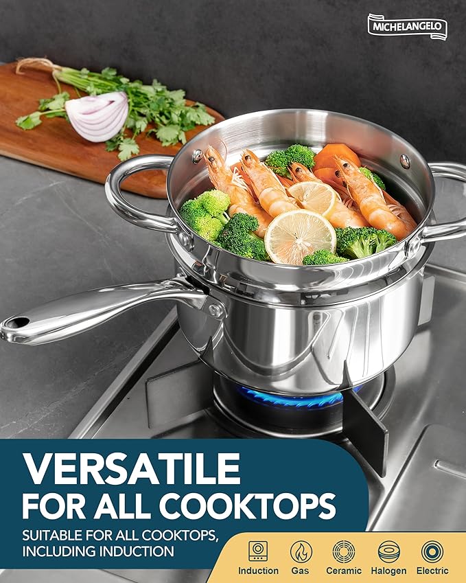 MICHELANGELO Stainless Steel Saucepans with Steamer 5Pcs, 18/10 Saucepan Set with Glass Lids, Sauce Pot Set with Triply Bottom Induction Compatible - 1QT & 2QT