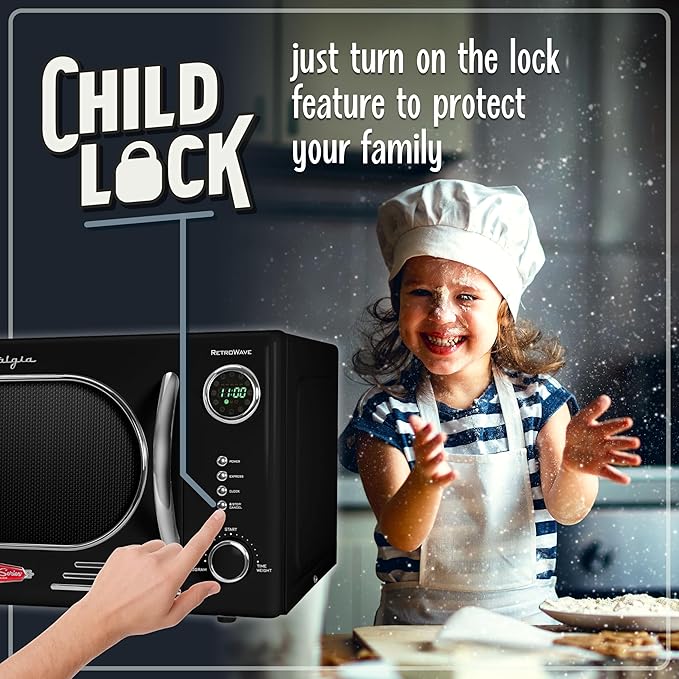 Nostalgia NRMO11BK6A 1000 Watt Power Retro Countertop Microwave Oven Easy to Clean with Removable Glass Turntable-Child Safety Lock-12 Programs-Digital Clock, 1.1 Cu. Ft, Black