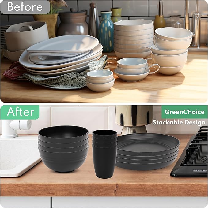 Wheat Straw Dinnerware Sets for 4 - GreenChoice Lightweight & Unbreakable Dishes Microwave & Dishwasher Safe Perfect for Camping, Picnic, RV, Dorm Plates, Cups and Bowls (Black)