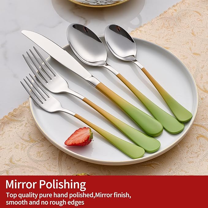 Colorful Silverware Set 20 Piece 18/0 Stainless Steel Flatware Green and Orange Handle Cutlery Set Service for 4 Fork Knife Spoon Set Mirror Finish Dishwasher Safe