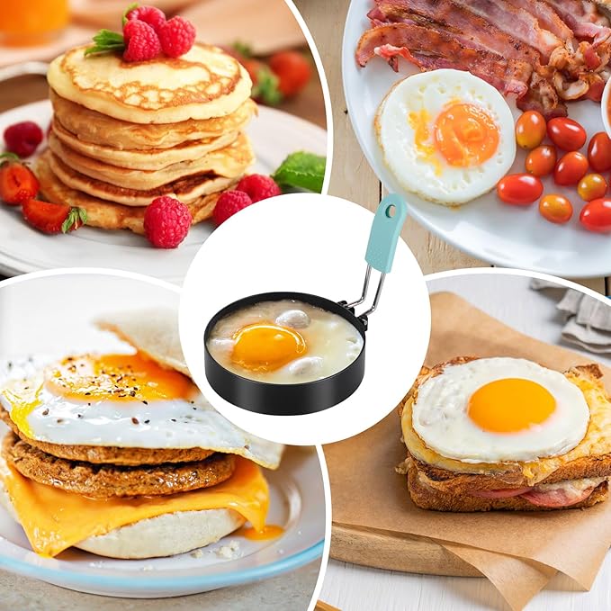 6 Pcs 3.5" Egg Rings with Silicone Handle, Round Pancake Mold with Silicone Oil Brush for Frying Eggs, English Muffins, Indoor Camping Breakfast Sandwiches