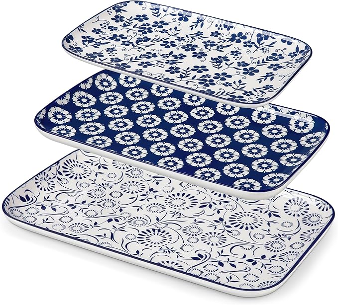 vancasso Serving Platters Set of 3, 16"/14"/12" Inch Rectangular Trays - Serving Platter Extra Large, Ceramic Serving Dish Microwave & Dishwasher Safe (Vintage Blue B)