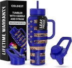 Coldest Tumbler with Handle and Straw - 100% Leak Proof Insulated Tumbler with Lid and Straw (3 Lids) - Stainless Steel Tumblers for Women & Men - Cup Holder Friendly Base, 36 oz (The Democrat)