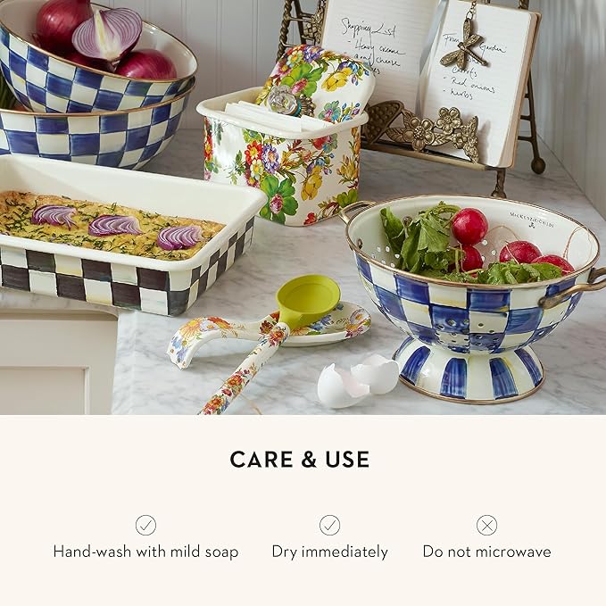 MACKENZIE-CHILDS Enamel Colander, Decorative Kitchen Strainer, Large, Blue-and-White Royal Check