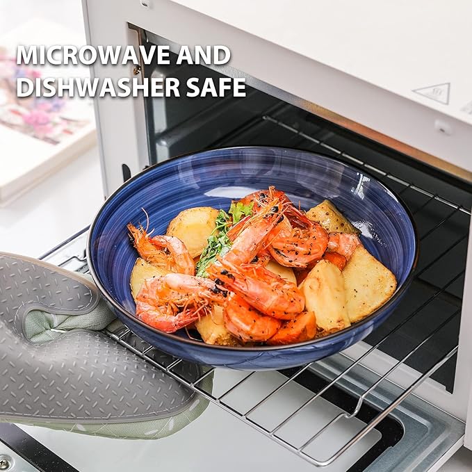 KitchenTour Ceramic Pasta Bowls - Large Salad Bowls Porcelain Serving Bowl Set 26 Ounce - 8 Inch Soup Bowl - Dishwasher and Microwave Safe - Set of 6, Assorted Cool Colors