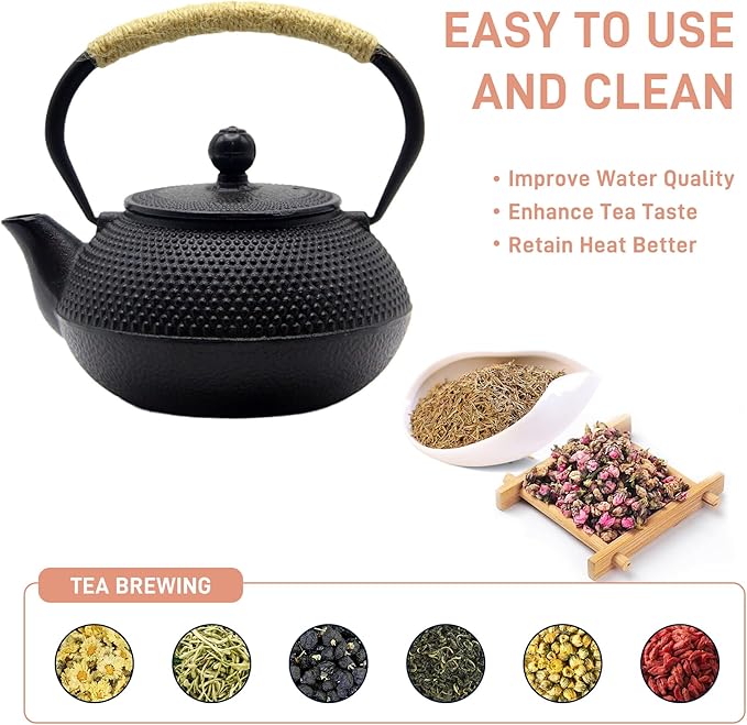 Japanese Tetsubin Cast Iron Teapot Tea Kettle pot with Stainless Steel Infuser for Stovetop Safe Coated with Enameled Interior (Black, 27.1oz)