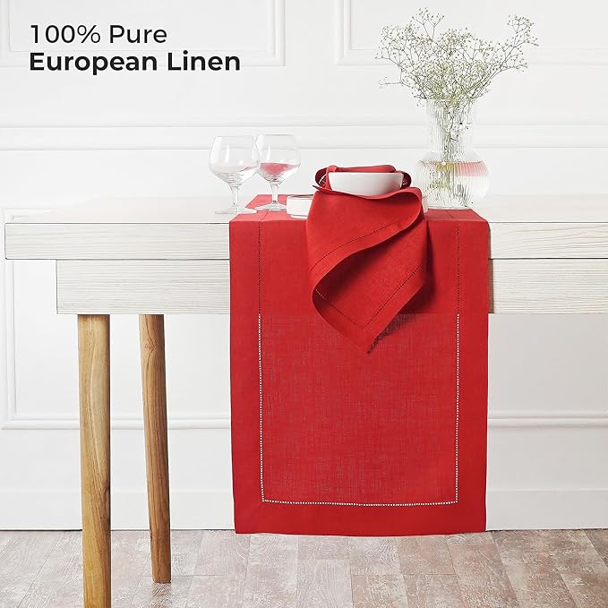 D'Moksha Homes Linen Bright Red Table Runner 36 Inches - 100% Pure Linen Small Table Runner 14 x 36 Inch Ideal for Dresser, Coffee Tables, Fall and Halloween - Classic Hemstitch - Classic Hemstitch