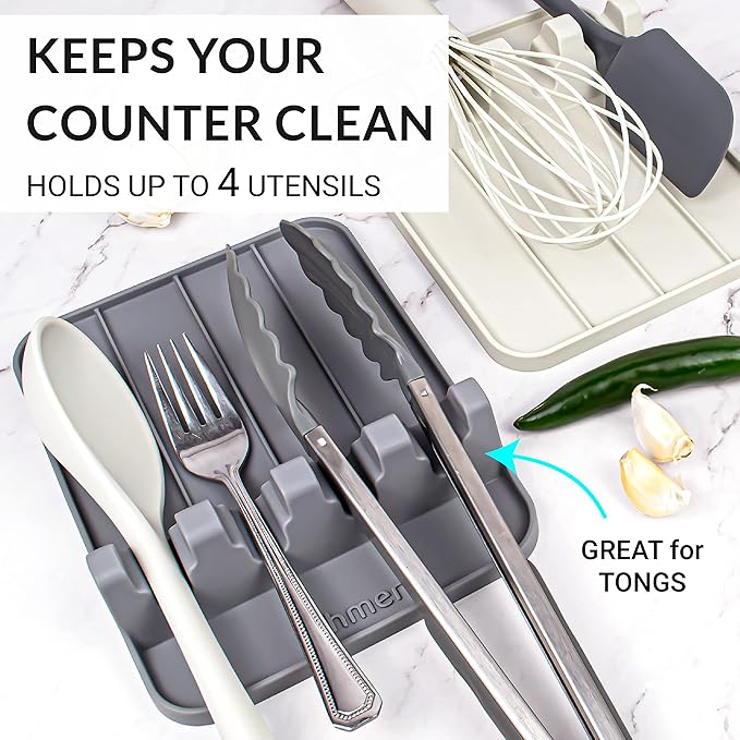 Silicone Utensil Rest and Spoon Holder, Heat Resistant Kitchen Spoon Rest for Multiple Utensils, Dishwasher Safe Drip Pad for Spatulas, Tongs, Ladles, and Spoons (Cool Gray)