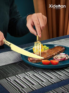 16-Piece Modern Champagne Gold Hammered Silverware Set with Ultra Sharp 2-IN-1 Serrated Knive, Golden 18/10 Stainless Steel Flatware Set, Utensil Cutlery Set for 4 Person, Forks Spoons Knives