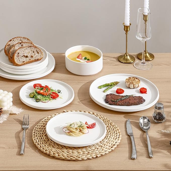 GZG Ceramic Dinner Plates Set of 4,10 Inch Stoneware plate Set,Microwave and Dishwasher Safe Kitchen Utensils,Stackable,Scratch Resistant (Ivory White)