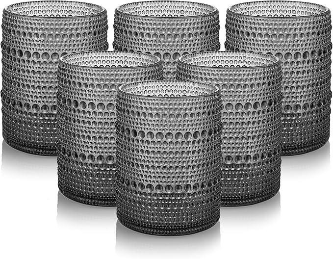 6-Pcs Hobnail Drinking Glasses Sets - 12 oz Vintage Kitchen Glassware Embossed Beaded Glass Cups, Gray Water Tumbler for Cocktail, Whiskey, Juice and Various Mixed Drinks