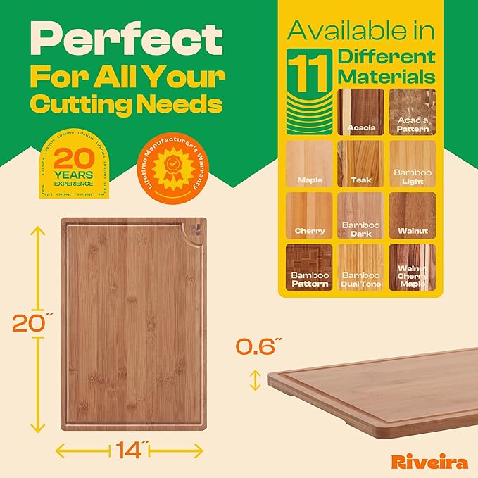 Riveira Brown Bamboo Wood Cutting Board – Gourmet Bamboo Grandeur: 20 x 14 Wooden Cutting Board – Wooden Cutting Boards For Kitchen Decorative – Innovative Juice Grooves Wooden Chopping Board