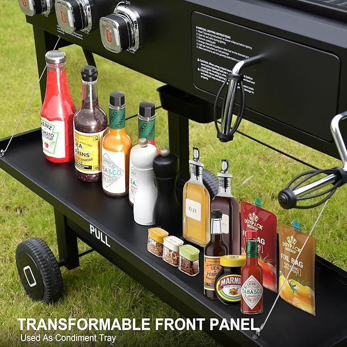 Brand-Man Propane Gas and Charcoal Grill Combo, Dual Fuel BBQ Combo Grill with Stainless Steel Dual Lids & 2 Side Shelves for Outdoor Kitchen & Backyard Barbecue Cooking