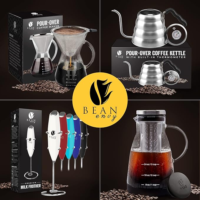 Bean Envy Pour Over Coffee Maker, High-Heat Borosilicate Glass with Reusable Stainless Steel Filter, Glass Coffee Maker (20 Oz)