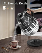 Artistic Electric Kettle with Hand-Applied Piano Keys and Music Note Stickers - 1.7L Stainless Steel Tea Kettle with LED Indicator, BPA-Free, 1200W Rapid Boil, Auto Shut-Off and Boil-Dry Protection