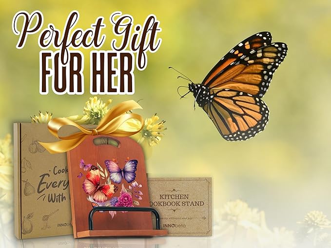 InnoBeta Butterfly Gifts for Women, Cookbook Stand for Kitchen Counter, Perfect Gift for Mom, Grandma on Birthday, Adjustable Tablet Recipe Book Holder, Unique Kitchen & Home Decor
