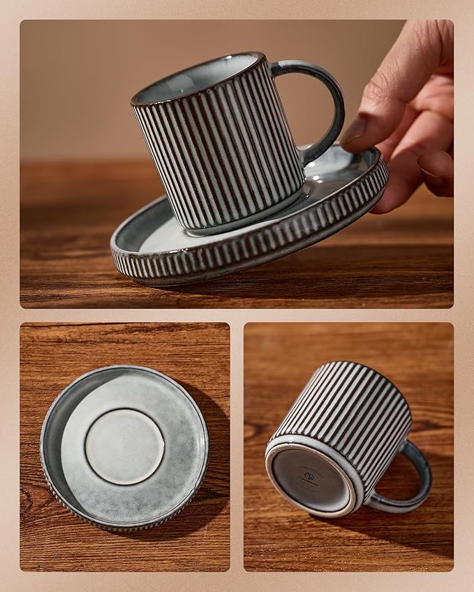 famiware Star Espresso Cups and Saucers Set of 4, [ Mini ] 3 oz Ceramic Small Coffee Mug with Handle, Ribbed Stoneware Demitasse Cup for Tea, Latte - Microwave & Dishwasher Safe - Smoky Blue