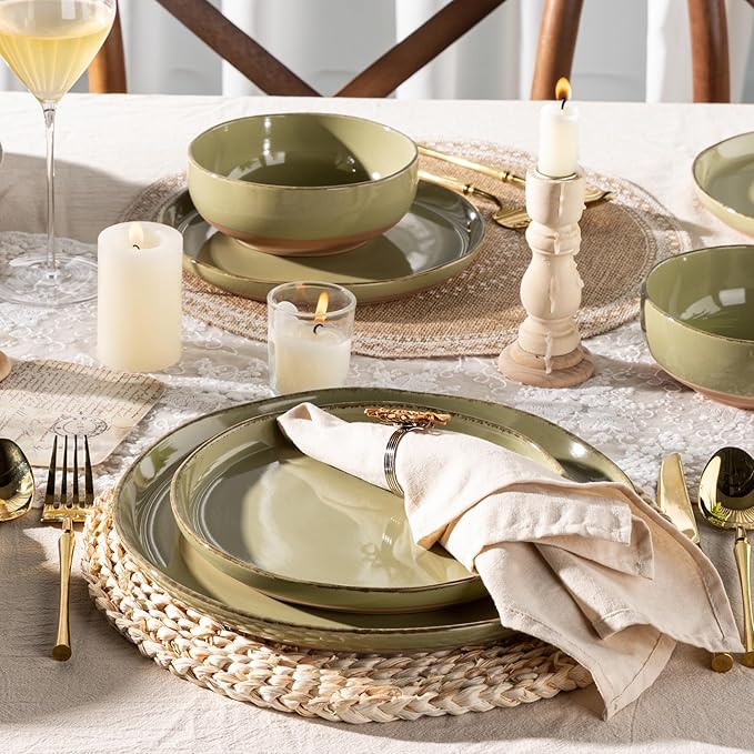 AmorArc Ceramic Dinnerware Sets for 4, 12 Pieces Handpainted Plates and Bowls Set with Rustic Terracotta Underside, Scratch Resistant Stoneware Dishes Set, Dishwasher & Microwave Safe, Olive Green