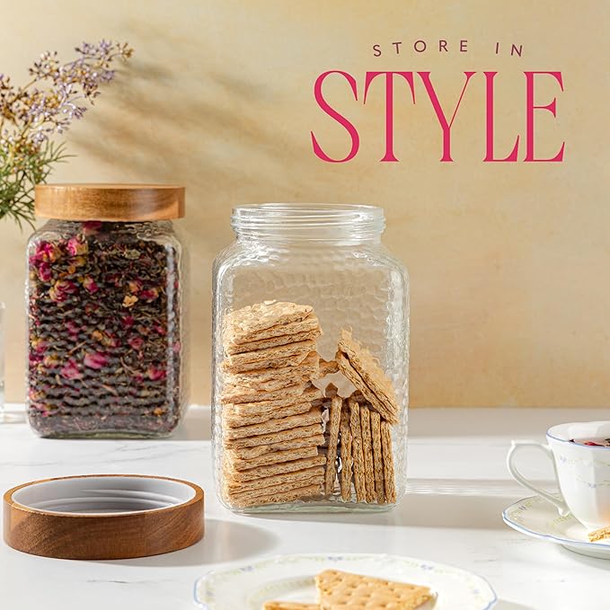 80oz Large Glass Kitchen Canister with Airtight Lid, Pantry & Countertop Organizing Storage Jar for Flour, Sugar, Coffee, Larger than Half Gallon Glass Container Set of 2 - Airtight Bamboo Lids