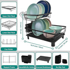 2-Tier Dish Drying Rack for Kitchen Counter,Space-Saving Dish Rack with Drainboard,Rustproof Countertop Dish Drainer with Utensil Holder for Sink,Black